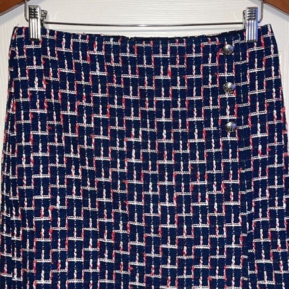 TALBOTS Boucle Navy White, Blue & Red Wrap Skirt With Slit - Picture 6 of 16